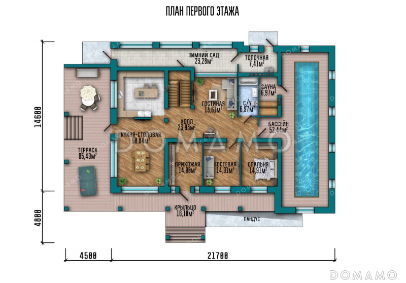 Проект дома с сауной, бассейном и зимним садом / План 1 этажа
