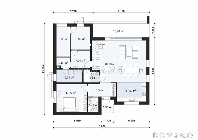 Проект современного дома с плоской кровлей в стиле Хай-Тек S-219-1 / План 1 этажа Проект современного дома с плоской кровлей в стиле Хай-Тек S-219-1 / План 1 этажа