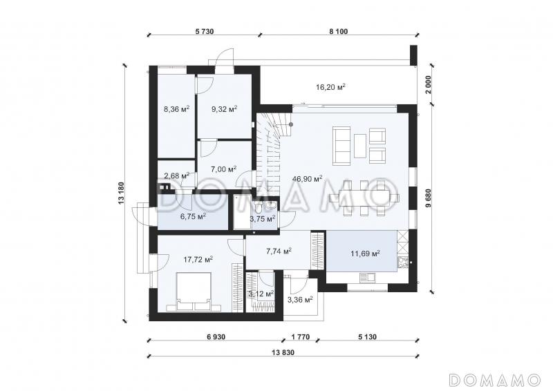 Проект современного дома с плоской кровлей в стиле Хай-Тек S-219-1 / План 1 этажа