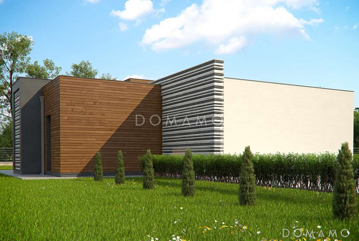 Проект одноэтажного дома из кирпича с плоской крышей, большой площадью остекления и крытой террасой, увеличенная версия Проект одноэтажного дома из кирпича с плоской крышей, большой площадью остекления и крытой террасой, увеличенная версия