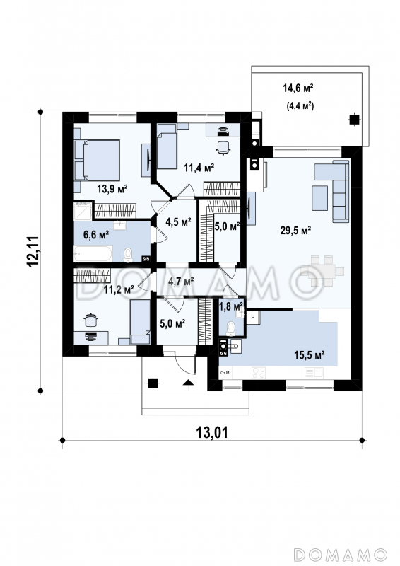 Проект простого компактного одноэтажного дома из газобетона с тремя спальнями / План 1 этажа