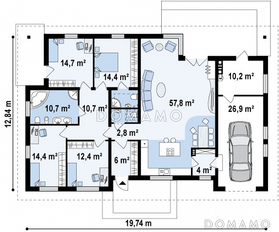 Проект просторного одноэтажного дома из газобетона со встроенным гаражом  / План 1 этажа