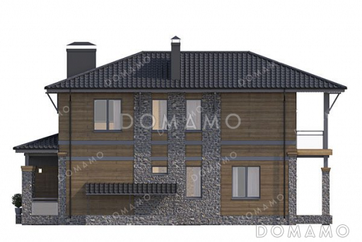 Проект двухэтажного дома с террасой, гаражом на два автомобиля и подвалом / Фасад 4