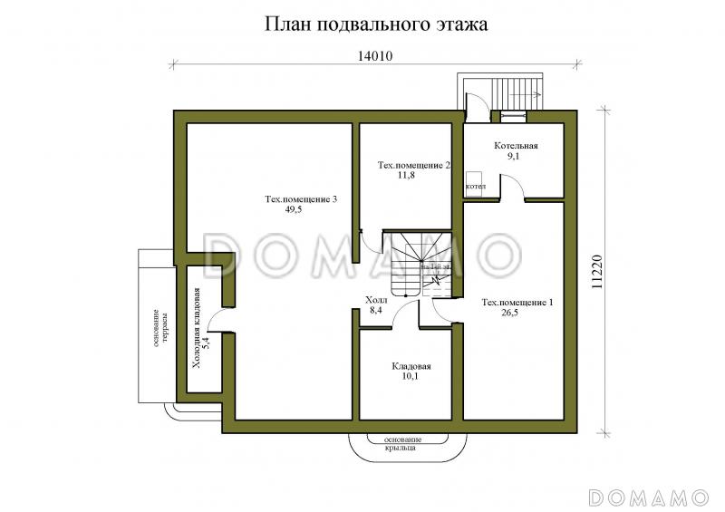 Проект двухэтажного дома из газобетона с двускатной крышей с подвалом, террасой и балконом / План цокольного этажа