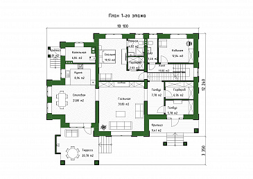 Проект большого дома с 5 спальнями, кабинетом и просторной гостиной / План 1 этажа Проект большого дома с 5 спальнями, кабинетом и просторной гостиной / План 1 этажа