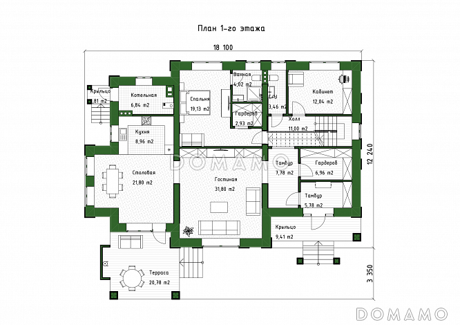 Проект большого дома с 5 спальнями, кабинетом и просторной гостиной / План 1 этажа Проект большого дома с 5 спальнями, кабинетом и просторной гостиной / План 1 этажа