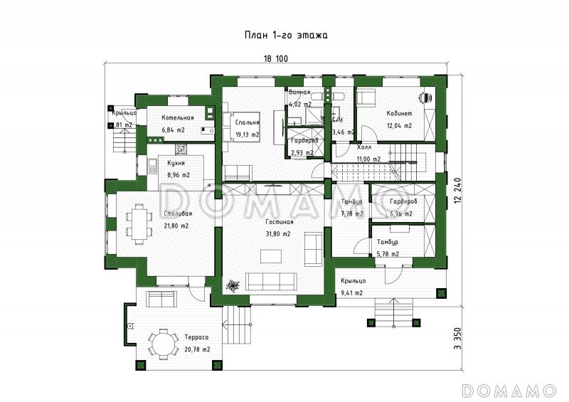 Проект большого дома с 5 спальнями, кабинетом и просторной гостиной / План 1 этажа