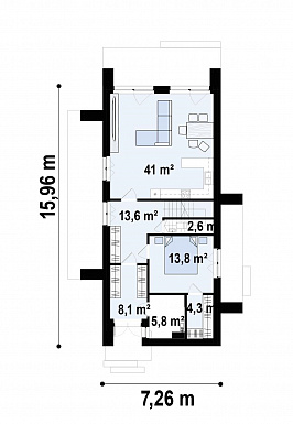 Проект загородного дома с комнатой и гардеробом на первом этаже, тремя спальнями на мансарде, просторной обеденной зоной / План 1 этажа Проект загородного дома с комнатой и гардеробом на первом этаже, тремя спальнями на мансарде, просторной обеденной зоной / План 1 этажа