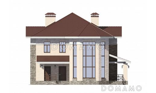Проект солидного загородного дома с вторым светом и витражным остеклением / входной фасад