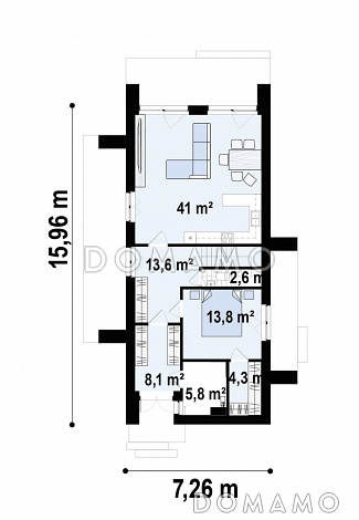 Проект загородного дома с комнатой и гардеробом на первом этаже, тремя спальнями на мансарде, просторной обеденной зоной / План 1 этажа Проект загородного дома с комнатой и гардеробом на первом этаже, тремя спальнями на мансарде, просторной обеденной зоной / План 1 этажа