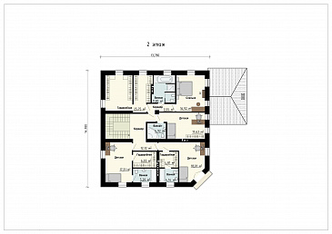 Проект дома с входом с угла здания, террасами, кладовой в кухне, сауной, хозяйской спальней и детскими / План 2 этажа Проект дома с входом с угла здания, террасами, кладовой в кухне, сауной, хозяйской спальней и детскими / План 2 этажа