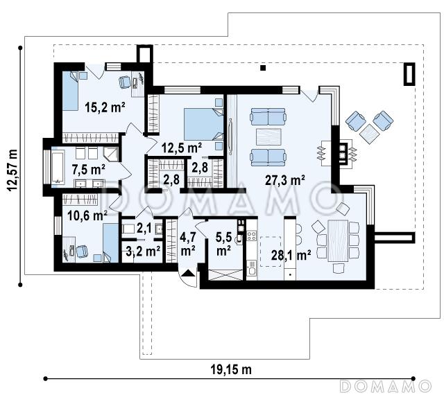 Проект одноэтажного дома из кирпича с плоской крышей, большой площадью остекления и крытой террасой, увеличенная версия / План 1 этажа