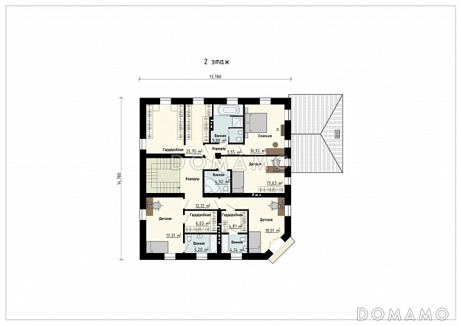 Проект дома с входом с угла здания, террасами, кладовой в кухне, сауной, хозяйской спальней и детскими / План 2 этажа Проект дома с входом с угла здания, террасами, кладовой в кухне, сауной, хозяйской спальней и детскими / План 2 этажа