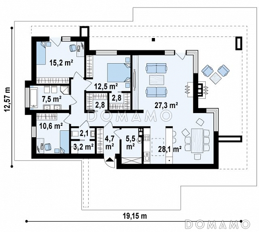 Проект одноэтажного дома из кирпича с плоской крышей, большой площадью остекления и крытой террасой, увеличенная версия / План 1 этажа Проект одноэтажного дома из кирпича с плоской крышей, большой площадью остекления и крытой террасой, увеличенная версия / План 1 этажа