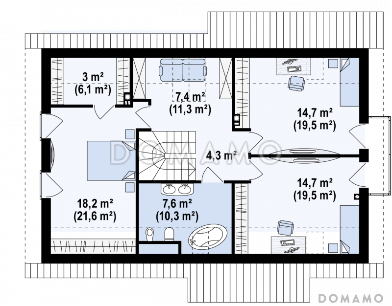 Проект мансардного дома из газобетона с прямоугольным эркером и со встроенным гаражом / План мансардного этажа