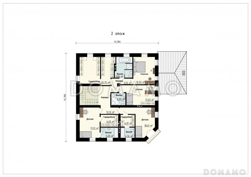 Проект дома с входом с угла здания, террасами, кладовой в кухне, сауной, хозяйской спальней и детскими / План 2 этажа