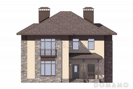 Проект дома по технологии ЛСТК с крытой террасой, кладовой под лестницей, гостевой на первом этаже, хозяйской спальней на втором этаже / Фасад 2