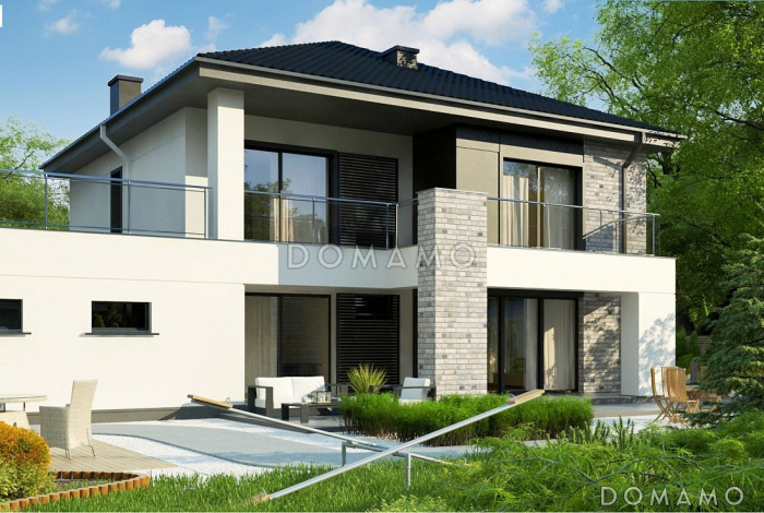 Проект двухэтажного дома из газобетона с гаражом и террасой на втором уровне по периметру дома Проект двухэтажного дома из газобетона с гаражом и террасой на втором уровне по периметру дома