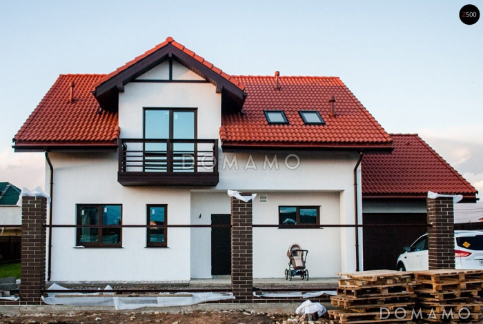 Проект одноэтажного мансардного дома из газобетона с кабинетом, эркером и балконом Проект одноэтажного мансардного дома из газобетона с кабинетом, эркером и балконом