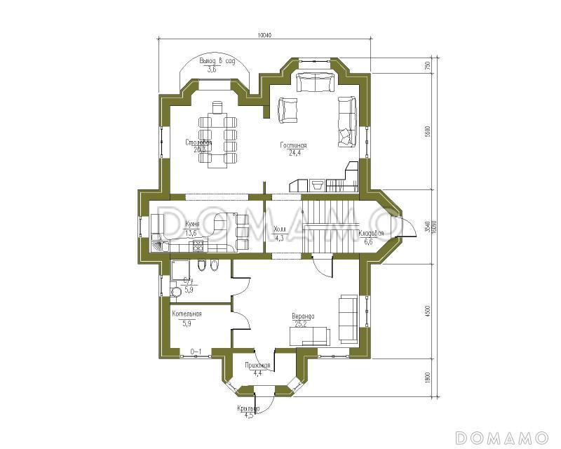 Проект трехэтажного дома с башней, верандой и функциональными чердачными помещениями / План 1 этажа