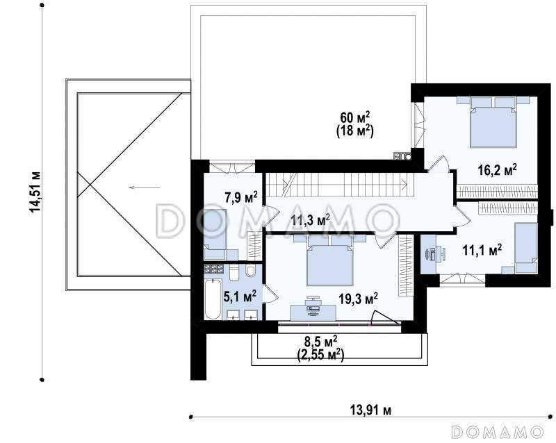 Проект современного двухуровневого дома из кирпича с несколькими террасами, двухместным гаражом и навесом / План 2 этажа