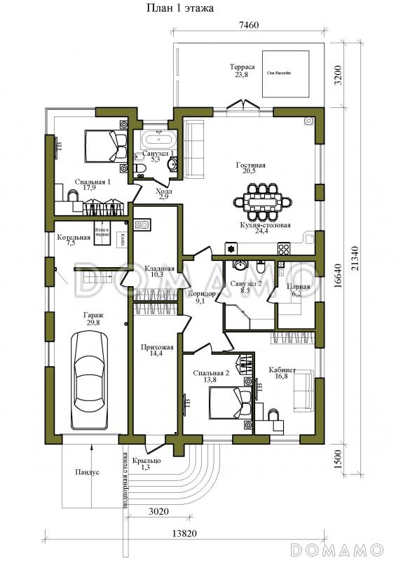 Проект одноэтажного дома в стиле хай-тек с гаражом и спа-бассейном на террасе / План 1 этажа