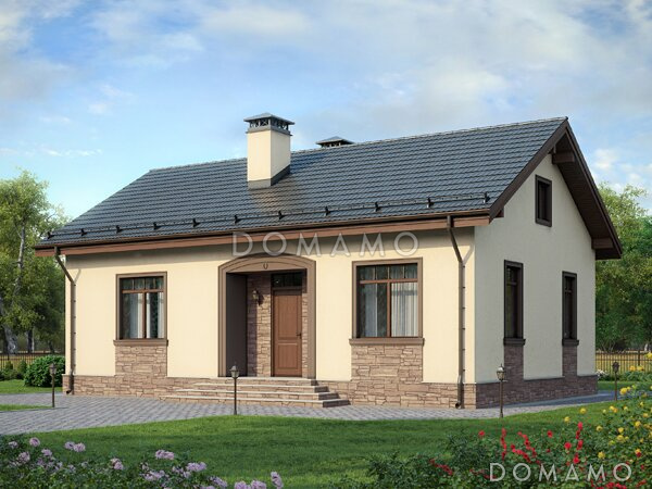 Проект дома с крыльцом со ступеньками, двумя спальнями, гостиной с кухней-столовой Проект дома с крыльцом со ступеньками, двумя спальнями, гостиной с кухней-столовой
