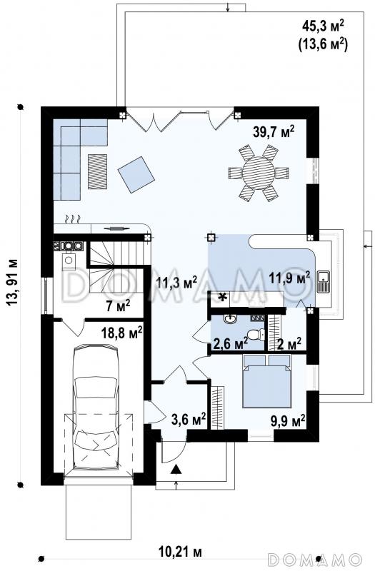 Проект мансардного дома из газобетона с пятью спальнями, гаражом и балконом / План 1 этажа