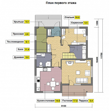 Проект кирпичного дома 9 на 10 с четырьмя спальнями / План 1 этажа