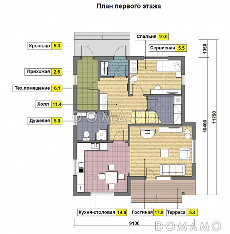 Проект кирпичного дома 9 на 10 с четырьмя спальнями / План 1 этажа