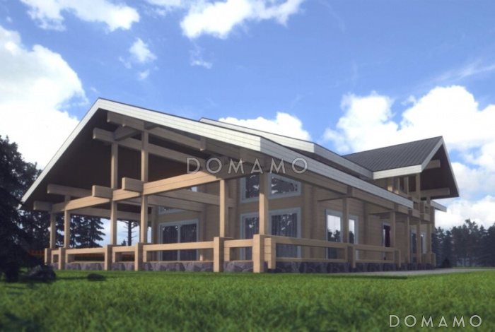 Проект дома из клееного бруса с мансардным этажом, огромной террасой и кабинетом на первом этаже Проект дома из клееного бруса с мансардным этажом, огромной террасой и кабинетом на первом этаже