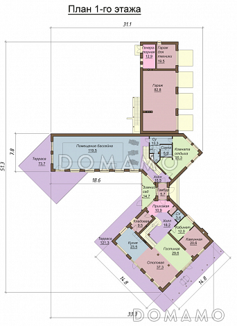 Проект большого двухэтажного дома с цокольным этажом, гаражом на три автомобиля, бассейном и зимним садом / План 1 этажа