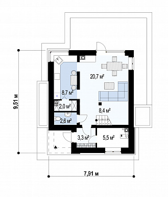 Проект двухэтажного дома из газобетона с дневной зоной на первом этаже и тремя спальнями на втором / План 1 этажа Проект двухэтажного дома из газобетона с дневной зоной на первом этаже и тремя спальнями на втором / План 1 этажа