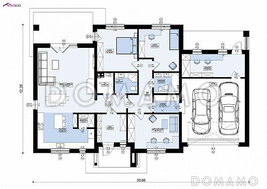 Проект просторного одноэтажного дома из кирпича с гаражом тремя спальнями, с красивыми фасадами / План 1 этажа