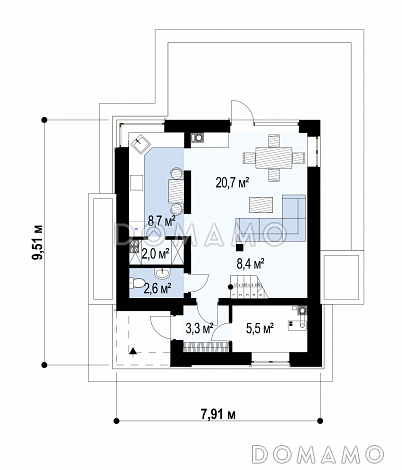 Проект двухэтажного дома из газобетона с дневной зоной на первом этаже и тремя спальнями на втором / План 1 этажа Проект двухэтажного дома из газобетона с дневной зоной на первом этаже и тремя спальнями на втором / План 1 этажа