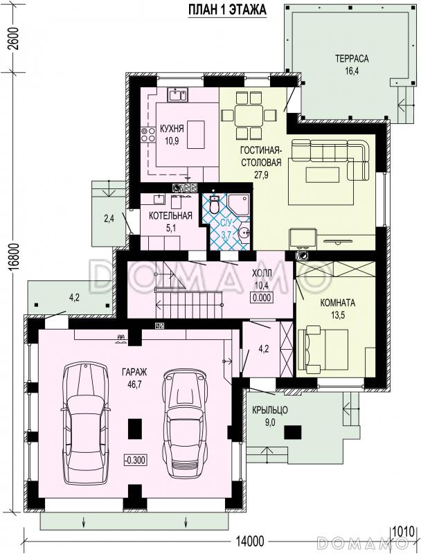 Проект двухэтажного дома  с 4 спальнями, кабинетом, гаражом на 2 машины и квадратной террасой / План 1 этажа