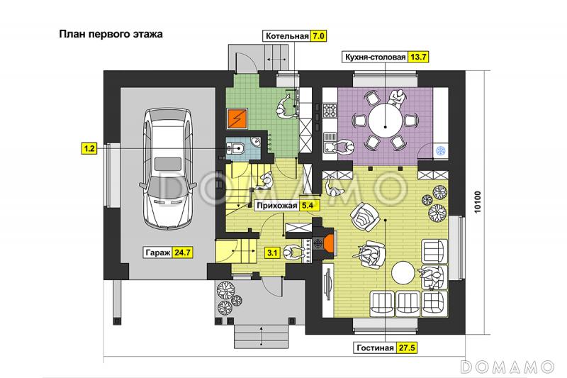 Проект загородного дома из панелей SIP с тремя спальнями на мансардном этаже, круглым окном, гаражом на одну машину / План 1 этажа