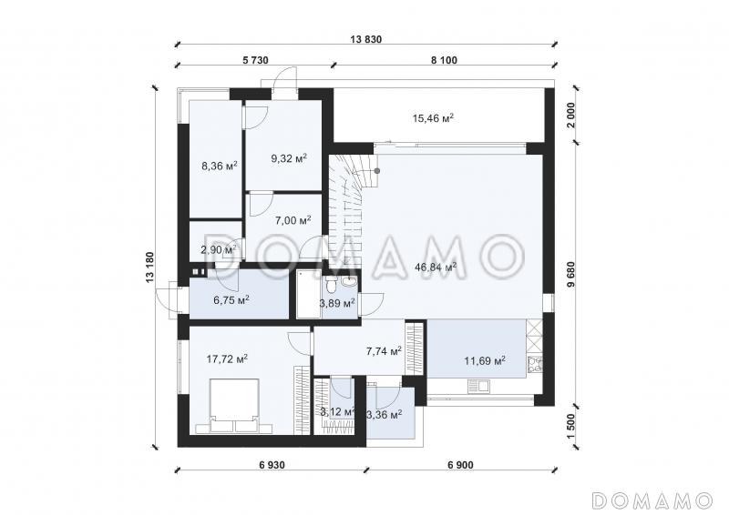 Проект современного двухэтажного дома с террасой в стиле БарнХаус S-219 / План 1 этажа