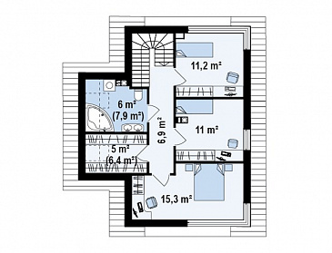 Проект компактного двухэтажного дома из газобетона с тремя спальнями / План 2 этажа Проект компактного двухэтажного дома из газобетона с тремя спальнями / План 2 этажа