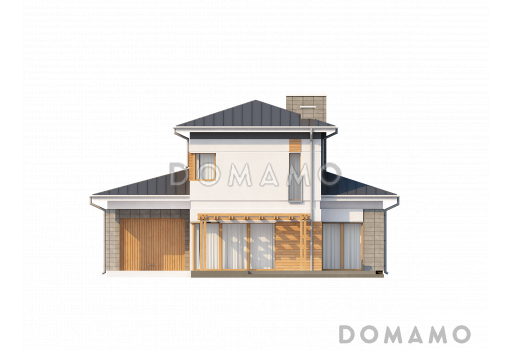 Проект современного двухэтажного дома из газобетона с четырьмя спальнями и пристроенным гаражом / Фасад 1