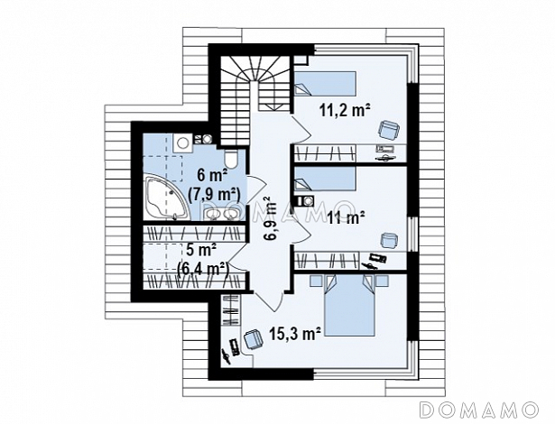 Проект компактного двухэтажного дома из газобетона с тремя спальнями / План 2 этажа Проект компактного двухэтажного дома из газобетона с тремя спальнями / План 2 этажа