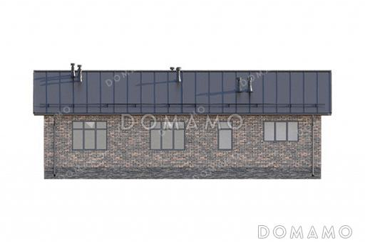 Проект прямоугольного одноэтажного дома с двухскатной фальцевой кровлей, вторым светом и классической отделкой облицовочным кирпичом и планкеном / Фасад 2