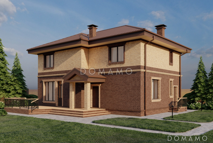 Проект двухэтажного дома с просторными террасой и кухней-столовой