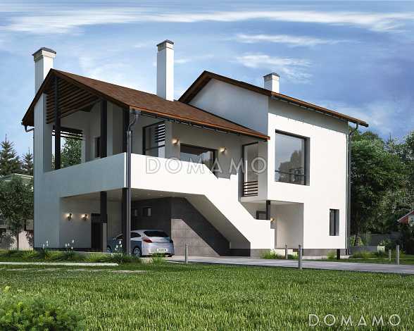 Проект дома с автостоянкой, барбекю на террасе, вторым светом, сауной, лоджией и небольшим балконом