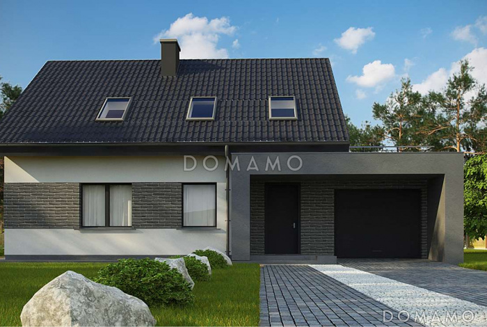 Проект одноэтажного мансардного дома из газобетона в современном стиле, с гаражом и террасой над ним