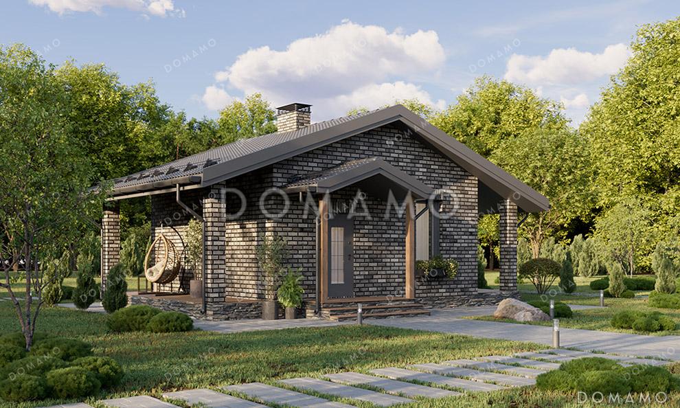 Проект компактной одноэтажной бани в классическом стиле с большой террасой, витражным остеклением и просторной комнатой отдыха / 1