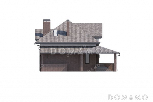 Проект одноэтажного дома с мансардой, большой террасой и навесом на два автомобиля / Фасад 4