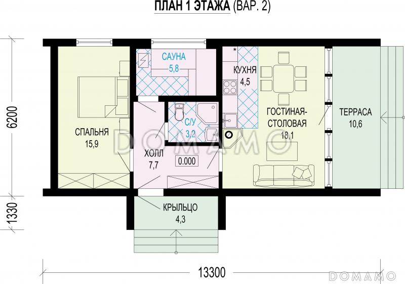 Проект дома в стиле барнхаус с сауной, спальней и кухней-гостиной-столовой / План 1 этажа
