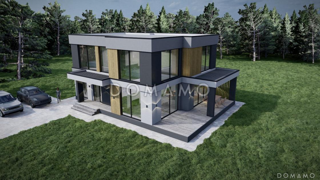 Проект дома с панорамным остеклением на обоих этажах, с 4 спальнями и крытой террасой / 4