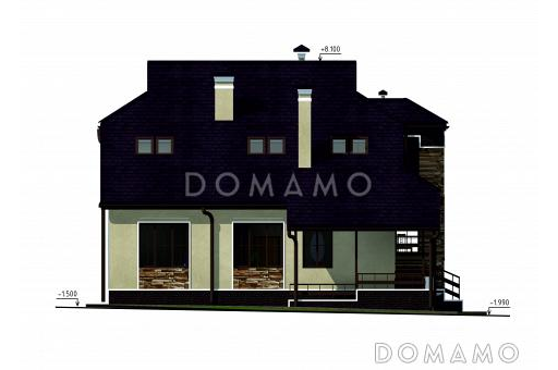 Проект дома с цокольным и мансардным этажами, с круглым эркером и террасой / Фасад 4